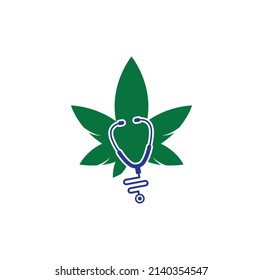 Vector del logotipo médico de Cannabis. Plantilla de diseño del logotipo de cannabis de estetioscopio.