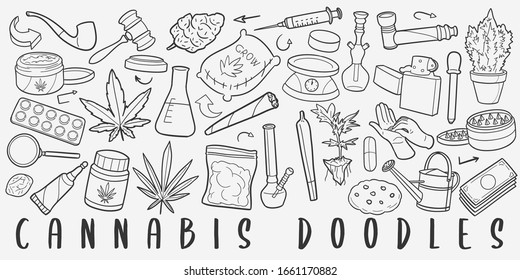 Cannabis Doodle Line Art Illustration. Hand Drawn Vector Clip Art. Banner Set Logos.