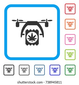 Cannabis Drone Delivery icon. Flat grey iconic symbol inside a light blue rounded rectangle. Black, gray, green, blue, red, orange color variants of Cannabis Drone Delivery vector.