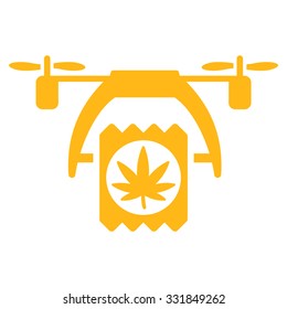 Cannabis Drone Delivery vector icon. Style is flat symbol, yellow color, rounded angles, white background.