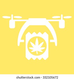 Cannabis Drone Delivery vector icon. Style is flat symbol, white color, rounded angles, yellow background.