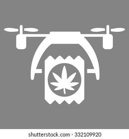 Cannabis Drone Delivery vector icon. Style is flat symbol, white color, rounded angles, gray background.