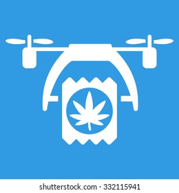 Cannabis Drone Delivery vector icon. Style is flat symbol, white color, rounded angles, blue background.