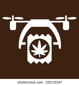 Cannabis Drone Delivery vector icon. Style is flat symbol, white color, rounded angles, brown background.