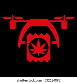Cannabis Drone Delivery vector icon. Style is flat symbol, red color, rounded angles, black background.