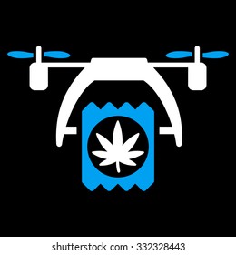 Cannabis Drone Delivery vector icon. Style is bicolor flat symbol, blue and white colors, rounded angles, black background.