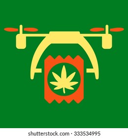 Cannabis Drone Delivery vector icon. Style is bicolor flat symbol, orange and yellow colors, rounded angles, green background.