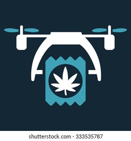 Cannabis Drone Delivery vector icon. Style is bicolor flat symbol, blue and white colors, rounded angles, dark blue background.