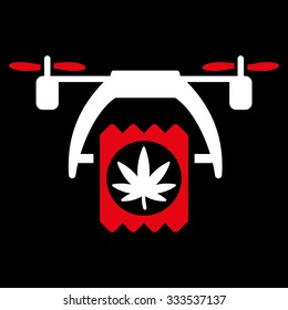 Cannabis Drone Delivery vector icon. Style is bicolor flat symbol, red and white colors, rounded angles, black background.
