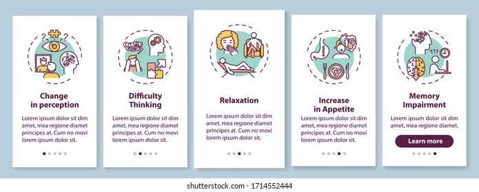 Cannabis effect onboarding mobile app page screen with concepts. Difficulty thinking, relaxation walkthrough 5 steps graphic instructions. UI vector template with RGB color illustrations