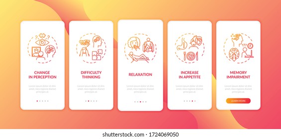 Cannabis effect onboarding mobile app page screen with concepts. Increase in appetite, relaxation walkthrough 5 steps graphic instructions. UI vector template with RGB color illustrations