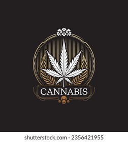 El elegante emblema vectorial del cannabis. Estilo decorativo clásico