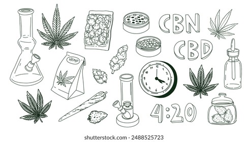 Cannabis elements set bong, marijuana leaf, joint and cbd oil. Vector illustration in doodle outline hand drawn style