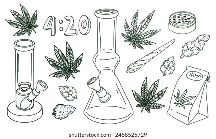 Elementos de cannabis, bong, hoja de marihuana, cogollos secos. Ilustración vectorial en estilo dibujado a mano con contorno de garabato