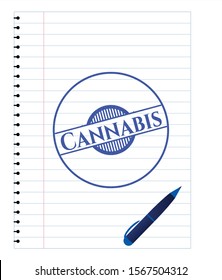 Cannabis emblem draw with pen effect. Blue ink. Vector Illustration. Detailed.