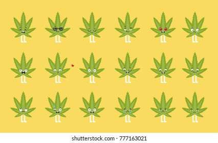 Cannabis Emoji Set. Funny Cartoon Character With Emotions.