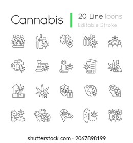 Cannabis In Everyday Life Linear Icons Set. Marijuana Cultivation. Legalizing Hemp Worldwide. Customizable Thin Line Contour Symbols. Isolated Vector Outline Illustrations. Editable Stroke