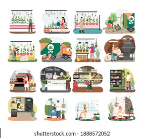 Cannabis Farm And Production Line. People Using Hemp Products At Home Concept Vector Illustration. Woman Smoke Weed Joint. Man Visits CBD Store And Buys Marijuana Product. Growing Weed Legal Business