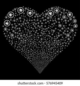 Cannabis fireworks with heart shape. Vector illustration style is flat white iconic symbols on a black background. Object salute done from random icons.