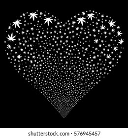 Cannabis fireworks with heart shape. Vector illustration style is flat white iconic symbols on a black background. Object stream made from random icons.
