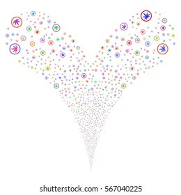 Cannabis fireworks stream. Vector illustration style is flat bright multicolored iconic symbols on a white background. Object double fountain constructed from random pictographs.