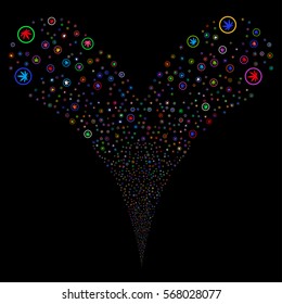 Cannabis fireworks stream. Vector illustration style is flat bright multicolored iconic symbols on a black background. Object double fountain created from random design elements.