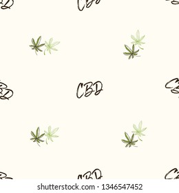 Cannabis foliage and CBD text seamless pattern. Legal use of marijuana for medic purposes. Background for decoration medical article on CBD, hemp oil theme.