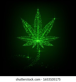 Cannabis en forma de cielo estrellado o espacio . Hojas verdes de marihuana. Bajas polillas geométricas de resplandor . Ilustración poligonal abstracta de la salud.  Fondo abstracto del vector
