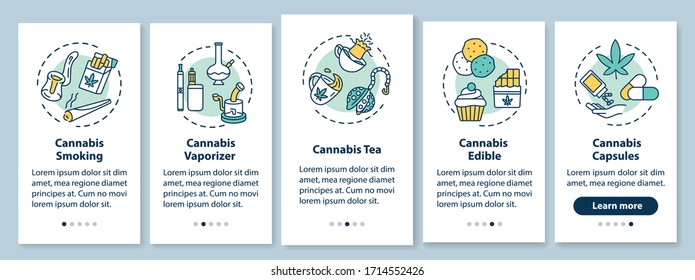 Cannabis forms onboarding mobile app page screen with concepts. Weed smoking, marijuana pills walkthrough 5 steps graphic instructions. UI vector template with RGB color illustrations