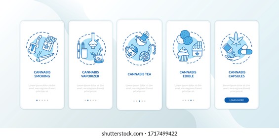 Cannabis forms onboarding mobile app page screen with concepts. Weed vaporizer, marijuana tea walkthrough 5 steps graphic instructions. UI vector template with RGB color illustrations
