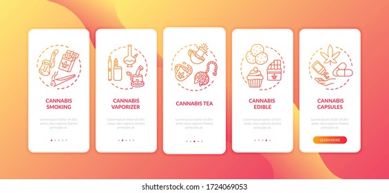 Cannabis forms onboarding mobile app page screen with concepts. Marijuana vaporizer, capsule and tea walkthrough 5 steps graphic instructions. UI vector template with RGB color illustrations