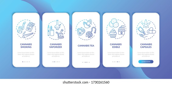 Cannabis forms onboarding mobile app page screen with concepts. Marijuana for recreational purpose walkthrough 5 steps graphic instructions. UI vector template with RGB color illustrations