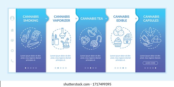 Cannabis forms onboarding vector template. Marijuana vaporizer, capsule and tea. Weed smoking. Responsive mobile website with icons. Webpage walkthrough step screens. RGB color concept