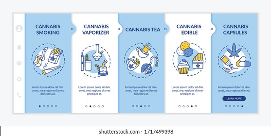 Forma de cannabis a bordo plantilla vectorial. Té de marihuana, pastelitos y chocolate. Maleza fumando. Sitio web móvil de respuesta con iconos. Pantallas de paso del tutorial de la página web. Concepto de color RGB