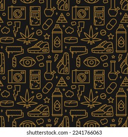 Cannabis Graffiti Seamless Pattern in Line Art Cartoon Style for Medical Marijuana Product Package Design.