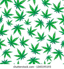 Cannabis green leaf seamless pattern. Weed surface design. Vector hand drawn isolated on white background