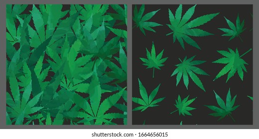 Cannabis green leaves seamless patterns set