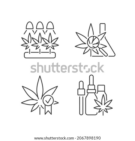 Cannabis growing linear icons set. Medical research. Quality certification. Hemp oil tincture. Customizable thin line contour symbols. Isolated vector outline illustrations. Editable stroke