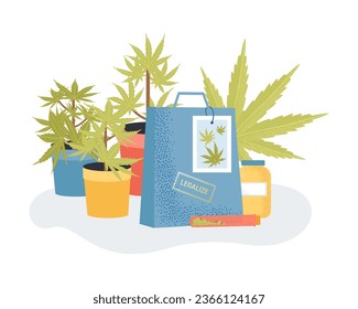 Cannabis growing in pots vector illustration. Shopping bag and containers with legal drug for personal use and cultivation allowed by law. Legalization of cannabis, medicine, business concept