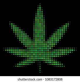 Cannabis halftone vector icon. Illustration style is pixelated iconic cannabis symbol on a black background. Halftone matrix is made of spheric elements.