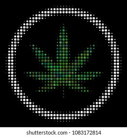 Cannabis halftone vector icon. Illustration style is pixel iconic cannabis symbol on a black background. Halftone structure is created with spheric pixels.