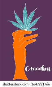 El cannabis en la mano. Ilustración vectorial de contraste.