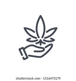 Cannabis in hand line icon. Hand holding marijuana leaf vector outline sign.
