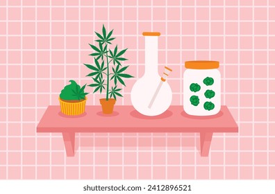 Cannabis hemp elements collection. CBD cupcake, jar of marijuana buds, bong, cannabis tree. Pink background with lines. Cannabis therapy. Vector flat illustration.