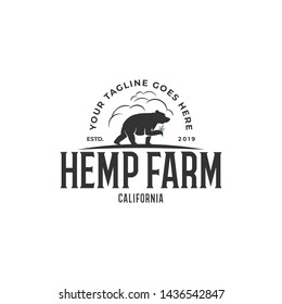 Cannabis Of Hemp Farm Logo With Bear. Minimalist Rustic Style