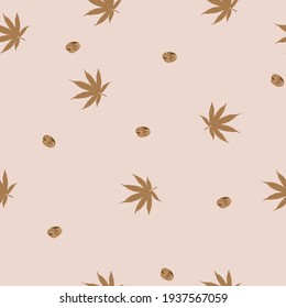 Cannabis hemp - hand drawn leaf and seed seamless pattern on light brown background.