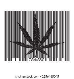 Cannabis hemp leaf on barcode strip. Black and white vector illustration isolated on white background.