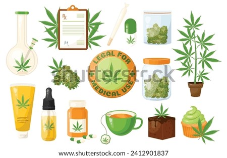 Cannabis hemp marijuana cbd elements set. Bong, doctor's prescription, joint, jar and package with cannabis buds, cannabis tree, cream, oil, pills, tea, brownie, cupcake in realistic cartoon style.