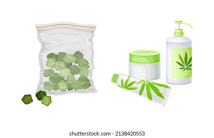 Cannabis-Hanf-Verarbeitungserzeugnisse Set. Kosmetikproduktion, Vektorgrafik