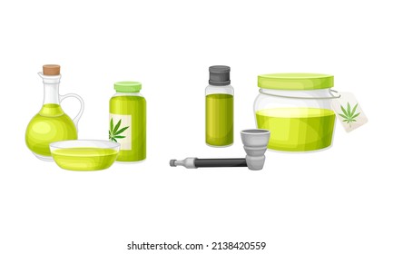 Cannabis and hemp processing products set. Hemp seed oil and cosmetic products vector illustration